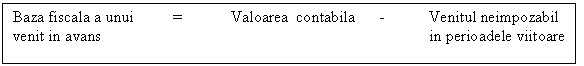 Text Box: Baza fiscala a unui = Valoarea contabila - Venitul neimpozabil
venit in avans in perioadele viitoare 

