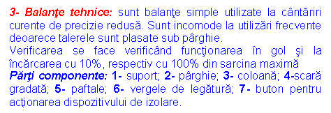 Text Box: 3- Balante tehnice: sunt balante simple utilizate la cantariri curente de precizie redusa. Sunt incomode la utilizari frecvente deoarece talerele sunt plasate sub parghie.
Verificarea se face verificand functionarea in gol si la incarcarea cu 10%, respectiv cu 100% din sarcina maxima
Parti componente: 1- suport; 2- parghie; 3- coloana; 4-scara gradata; 5- paftale; 6- vergele de legatura; 7- buton pentru actionarea dispozitivului de izolare.
