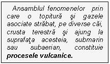 Text Box: Ansamblul fenomenelor  prin care o topitura si gazele asociate strabat, pe diverse cai, crusta terestra si ajung la suprafata acesteia, submarin sau subaerian, constituie procesele vulcanice.

