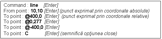 Text Box: Command : line [Enter]
From point : 10,10 [Enter] (punct exprimat prin coordonate absolute) 
To point : @400,0 [Enter] (punct exprimat prin coordonate relative)
To point : @0,277 [Enter]
To point : @-400,0 [Enter]
To point : C [Enter] (semnifica optiunea close)
