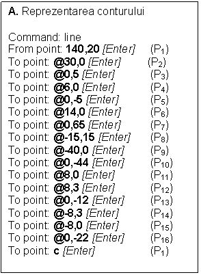 Text Box: A. Reprezentarea conturului

Command: line 
From point: 140,20 [Enter] 	(P1)
To point: @30,0 [Enter]         (P2)
To point: @0,5 [Enter]	(P3)
To point: @6,0 [Enter]	(P4)
To point: @0,-5 [Enter]	(P5)
To point: @14,0 [Enter]	(P6)
To point: @0,65 [Enter]	(P7)
To point: @-15,15 [Enter]     	(P8)
To point: @-40,0 [Enter]	(P9)
To point: @0,-44 [Enter]	(P10)
To point: @8,0 [Enter]	(P11)
To point: @8,3 [Enter]	(P12)
To point: @0,-12 [Enter]	(P13)
To point: @-8,3 [Enter]	(P14)
To point: @-8,0 [Enter]	(P15)
To point: @0,-22 [Enter]	(P16)
To point: c [Enter]	(P1)



