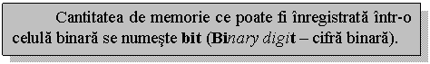 Text Box: Cantitatea de memorie ce poate fi inregistrata intr-o celula binara se numeste bit (Binary digit - cifra binara).