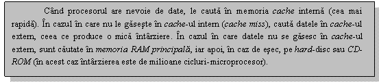 Text Box: Cand procesorul are nevoie de date, le cauta in memoria cache interna (cea mai rapida). In cazul in care nu le gaseste in cache-ul intern (cache miss), cauta datele in cache-ul extern, ceea ce produce o mica intarziere. In cazul in care datele nu se gasesc in cache-ul extern, sunt cautate in memoria RAM principala, iar apoi, in caz de esec, pe hard-disc sau CD-ROM (in acest caz intarzierea este de milioane cicluri-microprocesor).

