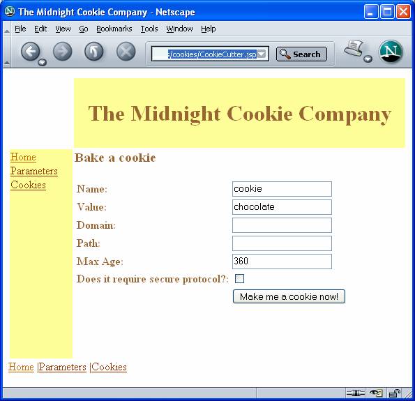 Browser de Web care afiseaza pagina cu CookieCutter.jsp Nume si campuri de text Valoare populate.