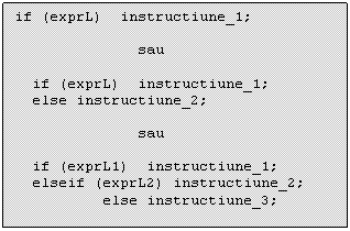 Text Box: if (exprL) instructiune_1;

 sau

 if (exprL) instructiune_1;
 else instructiune_2;

 sau

 if (exprL1) instructiune_1;
 elseif (exprL2) instructiune_2;
 else instructiune_3;
