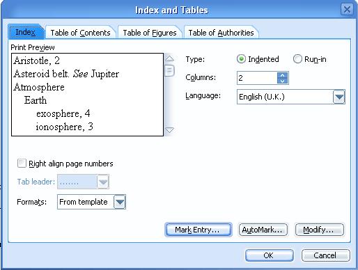 index and table