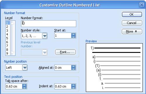 customize outline 

numbered list