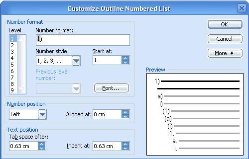 customize outline 

numbered list