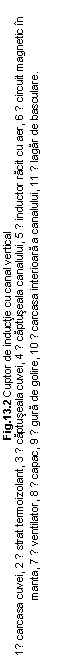 Text Box: Fig.13.2 Cuptor de inductie cu canal vertical
1− carcasa cuvei, 2 − strat termoizolant, 3 − captuseala cuvei, 4 − captuseala canalului, 5 − inductor racit cu aer, 6 − circuit magnetic in manta, 7 − ventilator, 8 − capac, 9 − gura de golire, 10 − carcasa interioara a canalului, 11 − lagar de basculare.
