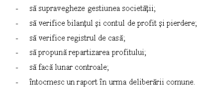 Text Box: - sa supravegheze gestiunea societatii;
- sa verifice bilantul si contul de profit si pierdere;
- sa verifice registrul de casa;
- sa propuna repartizarea profitului;
- sa faca lunar controale;
- intocmesc un raport in urma deliberarii comune.

