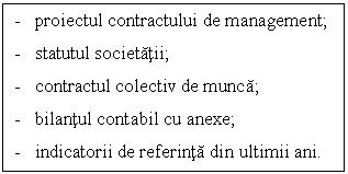 Text Box: - proiectul contractului de management;
- statutul societatii;
- contractul colectiv de munca;
- bilantul contabil cu anexe;
- indicatorii de referinta din ultimii ani.

