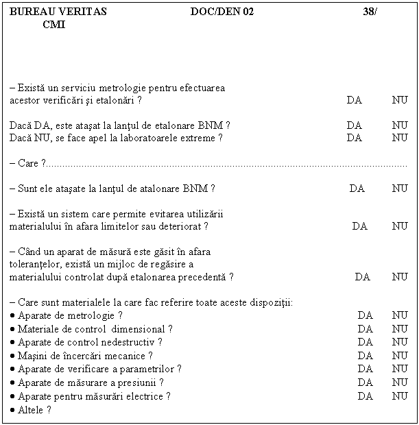 Text Box: BUREAU VERITAS DOC/DEN 02 38/ 
CMI 



- Exista un serviciu metrologie pentru efectuarea
acestor verificari si etalonari ? DA NU

Daca DA, este atasat la lantul de etalonare BNM ? DA NU
Daca NU, se face apel la laboratoarele extreme ? DA NU 

- Care ?

- Sunt ele atasate la lantul de atalonare BNM ? DA NU

- Exista un sistem care permite evitarea utilizarii
materialului in afara limitelor sau deteriorat ? DA NU

- Cand un aparat de masura este gasit in afara
tolerantelor, exista un mijloc de regasire a
materialului controlat dupa etalonarea precedenta ? DA NU

- Care sunt materialele la care fac referire toate aceste dispozitii:
. Aparate de metrologie ? DA NU
. Materiale de control dimensional ? DA NU
. Aparate de control nedestructiv ? DA NU
. Masini de incercari mecanice ? DA NU
. Aparate de verificare a parametrilor ? DA NU
. Aparate de masurare a presiunii ? DA NU
. Aparate pentru masurari electrice ? DA NU
. Altele ? 
