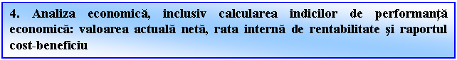 Text Box: 4. Analiza economica, inclusiv calcularea indicilor de performanta economica: valoarea actuala neta, rata interna de rentabilitate si raportul cost-beneficiu