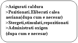 Rounded Rectangle: >Asigurati caldura
>Pozitionati.Eliberati calea
aeriana(dupa cum e necesar)
>Stergeti,stimulati,repozitionati
>Administrati oxigen
(dupa cum e necesar)
