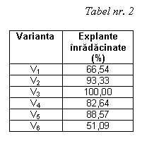 Text Box: Tabel nr. 2

Varianta	Explante inradacinate (%)
V1	66,54
V2	93,33
V3	100,00
V4	82,64
V5	88,57
V6	51,09

