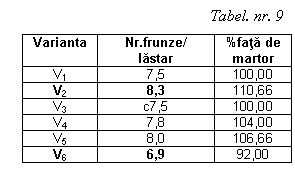 Text Box: Tabel. nr. 9
Varianta	Nr.frunze/
lastar	%fata de martor
V1	7,5	100,00
V2	8,3	110,66
V3	c7,5	100,00
V4	7,8	104,00
V5	8,0	106,66
V6	6,9	92,00


