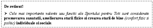 Text Box: De retinut!
 Cele mai importante valente sau functii ale Sportului pentru Toti sunt considerate promovarea sanatatii, ameliorarea starii fizice si crearea starii de bine (confort fizic si psihic) individuale si sociale.
