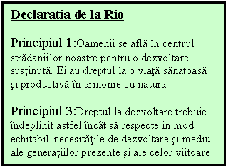 Text Box: Declaratia de la Rio
Principiul 1:Oamenii se afla in centrul stradaniilor noastre pentru o dezvoltare sustinuta. Ei au dreptul la o viata sanatoasa si productiva in armonie cu natura.
Principiul 3:Dreptul la dezvoltare trebuie indeplinit astfel incat sa respecte in mod echitabil necesitatile de dezvoltare si mediu ale generatiilor prezente si ale celor viitoare.

