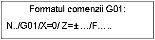 Text Box: Formatul comenzii G01:
N../G01/X=0/ Z= ./F...
