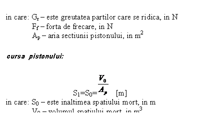 Text Box: 
in care: Gr - este greutatea partilor care se ridica, in N
 Ff - forta de frecare, in N 
 Ap - aria sectiunii pistonului, in m2 

cursa pistonului:

S1=S0= [m]
in care: S0 - este inaltimea spatiului mort, in m
 V0 - volumul spatiului mort, in m3

