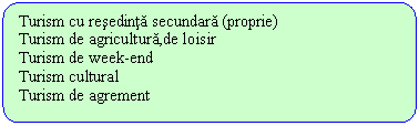 Flowchart: Alternate Process: Turism cu resedinta secundara (proprie)
Turism de agricultura,de loisir
Turism de week-end
Turism cultural
Turism de agrement

